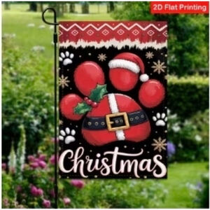 Christmas Holiday Decor One Size Black Red Paw Print Garden Flag